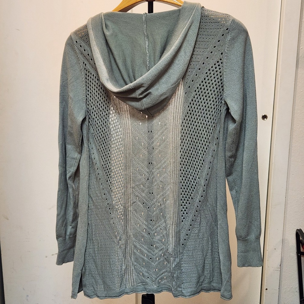 Lety & Me Sage Green Hooded Open Front Pointelle Knit Cardigan Sweater Small - Picture 7 of 7